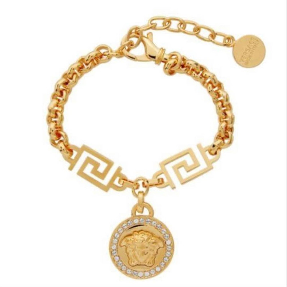 VERSACE Medusa logo crystal embellished gold tone Greca chain bracelet